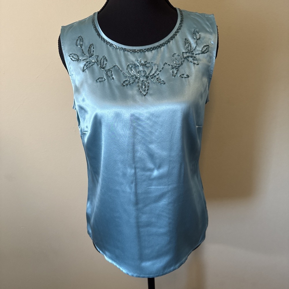 Vintage Y2K Kate Hill 100% Silk Turquoise Beaded Shell Top Womens 4